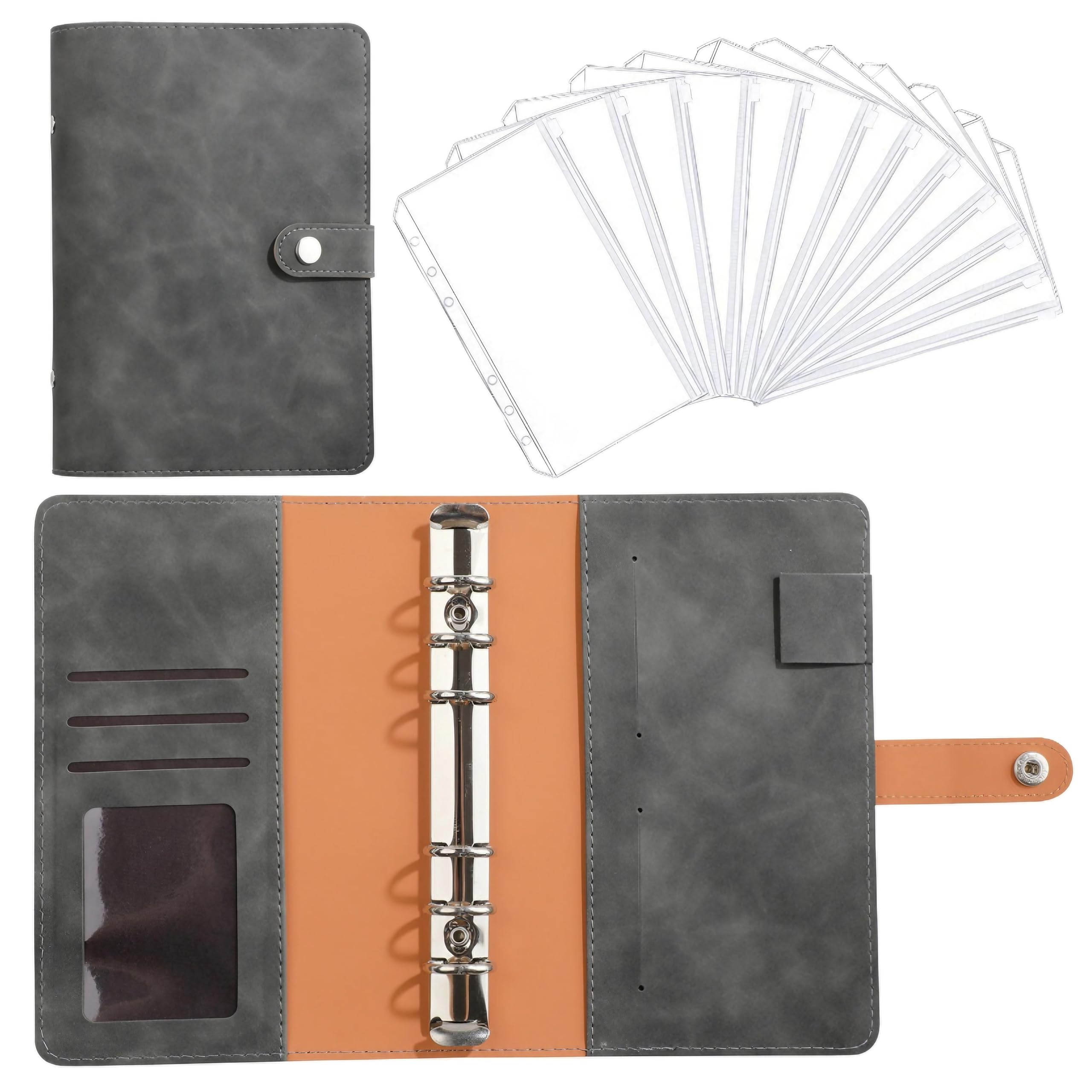East Leaf 6-Hole A6 Binder Household Management Notebook Ledger Pouch Loose Leaf with 12 Pockets for Cash, Receipts, Invoices, Management - Gray