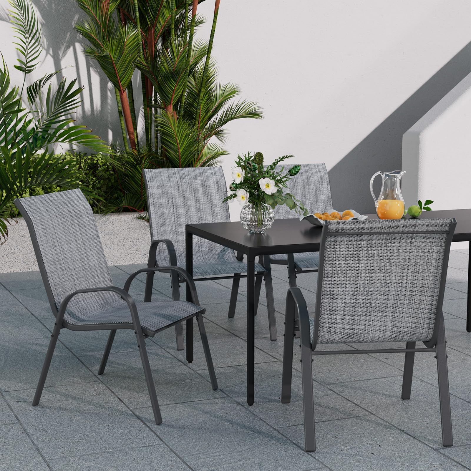 UDPATIO 6er Set Gartenstühle Stapelbare, 55cm Breiter Hochlehner Gartenstuhl, Stapelstühle aus Textilene, Atmungsaktive Terrassenstühle für Balkon, Terrasse, Garten, Grau