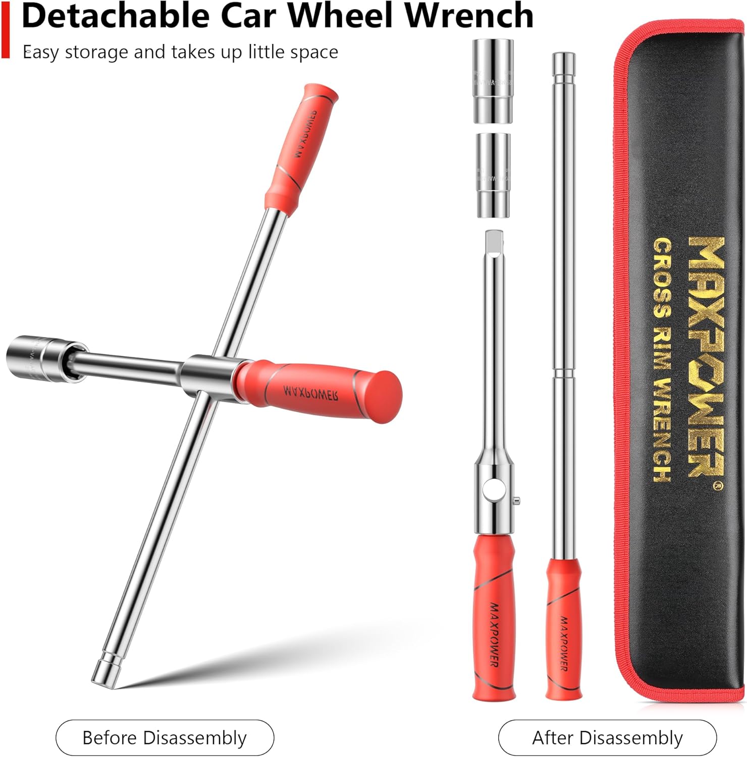 MAXPOWER Lug Wrench, Tire Wrench With 1/2-Inch Drive and 2PCS Standard Sockets (17 mm/19 mm, 21 mm/23 mm), Detachable Rapid Cross Lug Nut Wrench With Storage Box
