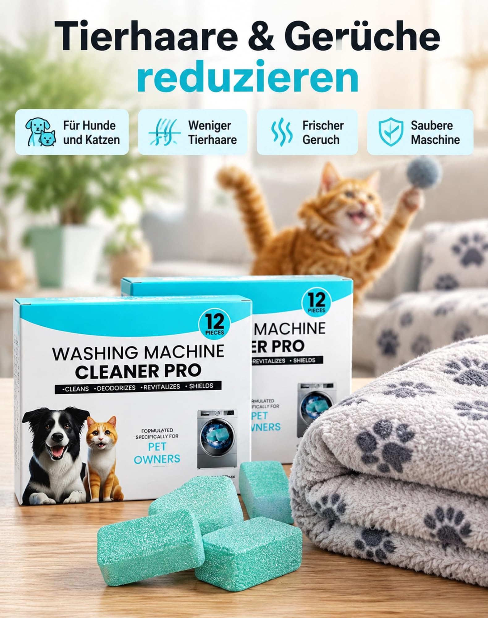 Fellex Waschmaschinenreiniger Pro, 36 pcs mit Keratinase Tierhaare | KeraCLEAN Reiniger Hundedecken-Tiefenwirksame Tabs löst Tiergerüche und Schmutz in Trommel und Dichtungen nach Haustierwäsche