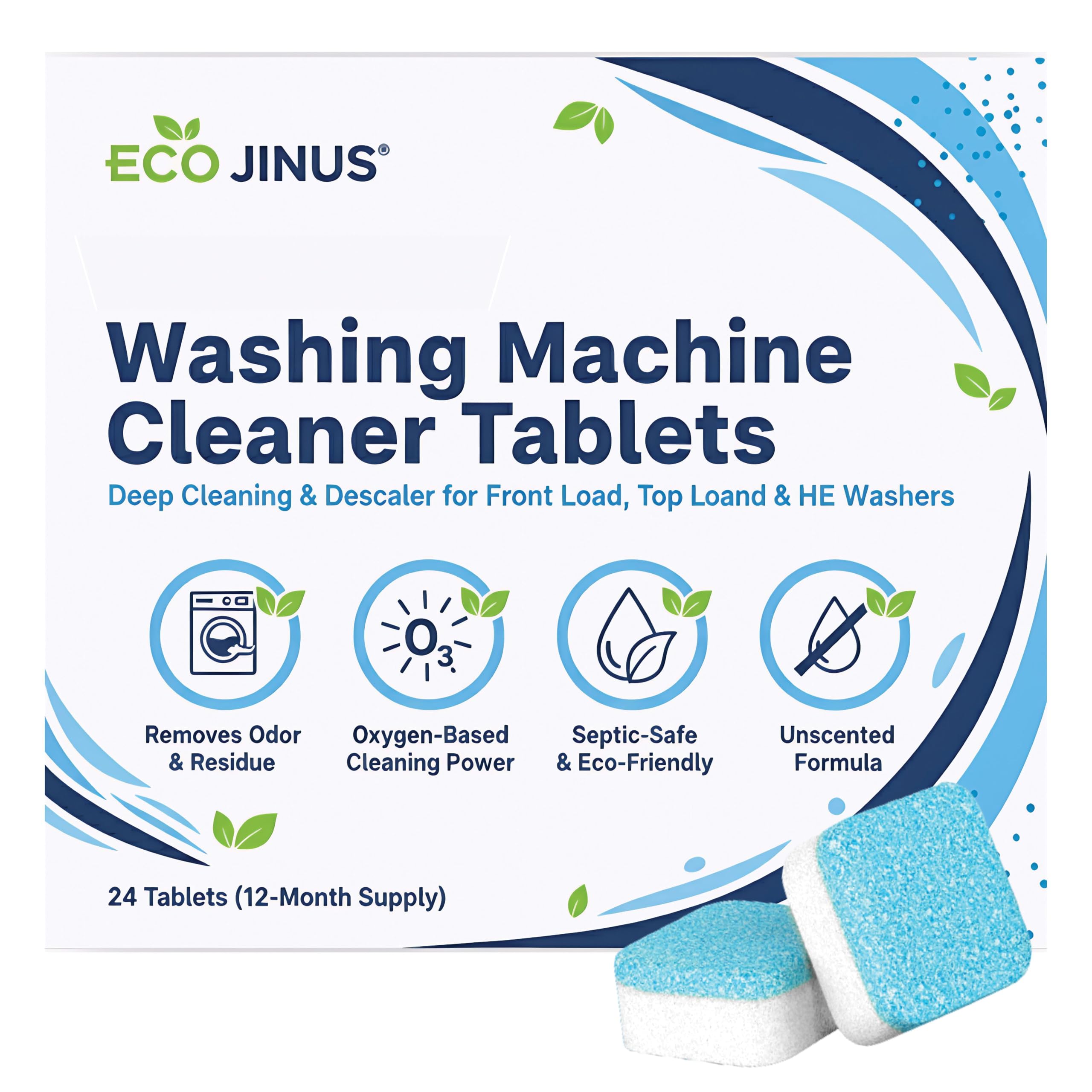 Washing Machine Cleaning Tablets Washer Cleaner & Descaler, 24 Count (12-Month Supply) for Front Load, Top Load & HE Washers | Appliance Maintenance & Residue Removal