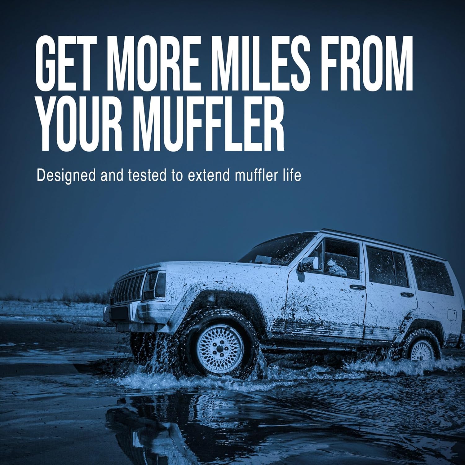 Vehicle driving through water, symbolizing durability and extended muffler life