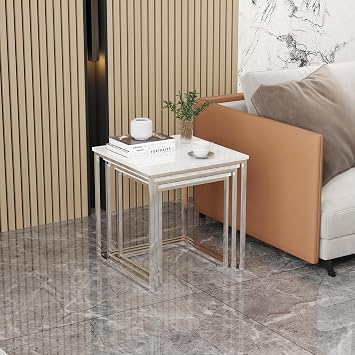 Rainbow Tree Set of 3 Nesting Coffee Tables White for Living Room, High Gloss Nest of 3 Nested Tables Sofa Side Table Coffee Table End Tables Space Saving