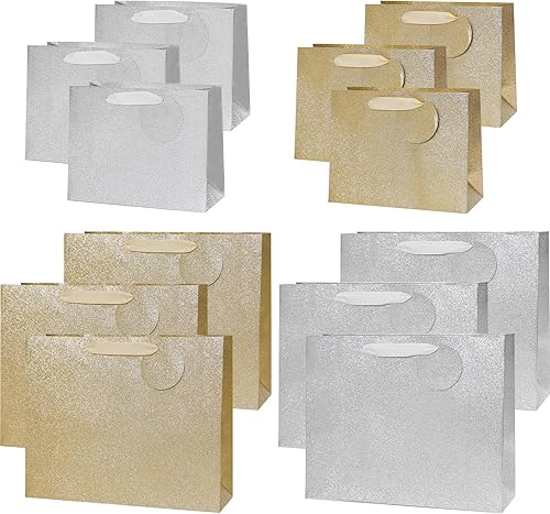 PAPER FAIR 12 bolsas de regalo surtidas de color dorado metálico con brillantina a granel con etiqueta, tamaño L 12.5 pulgadas M 9 pulgadas, para