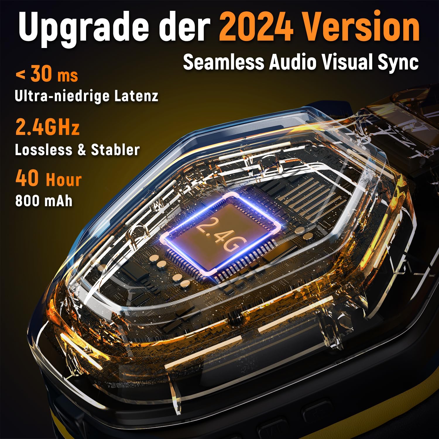 Ozeino Gaming Headset für Ps4 Ps5 PC, Ps5 Headset mit 2.4GHz Wireless Bluetooth Noise Cancelling, 30 Stunden Akkulaufzeit, Lightweight, Gelb Und Schwarz