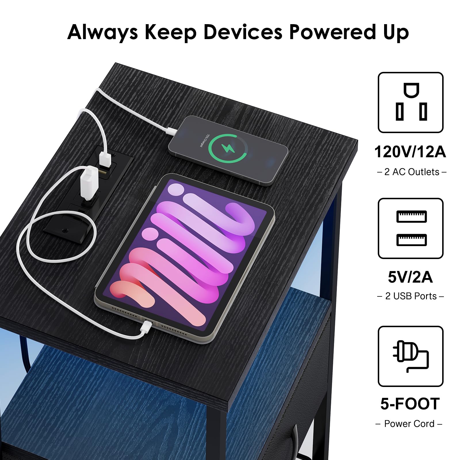 Mesita de noche con estación de carga, mesa auxiliar LED con cajones de tela con acabado de poliuretano, mesas auxiliares para dormitorio, mesita de noche, color negro 5