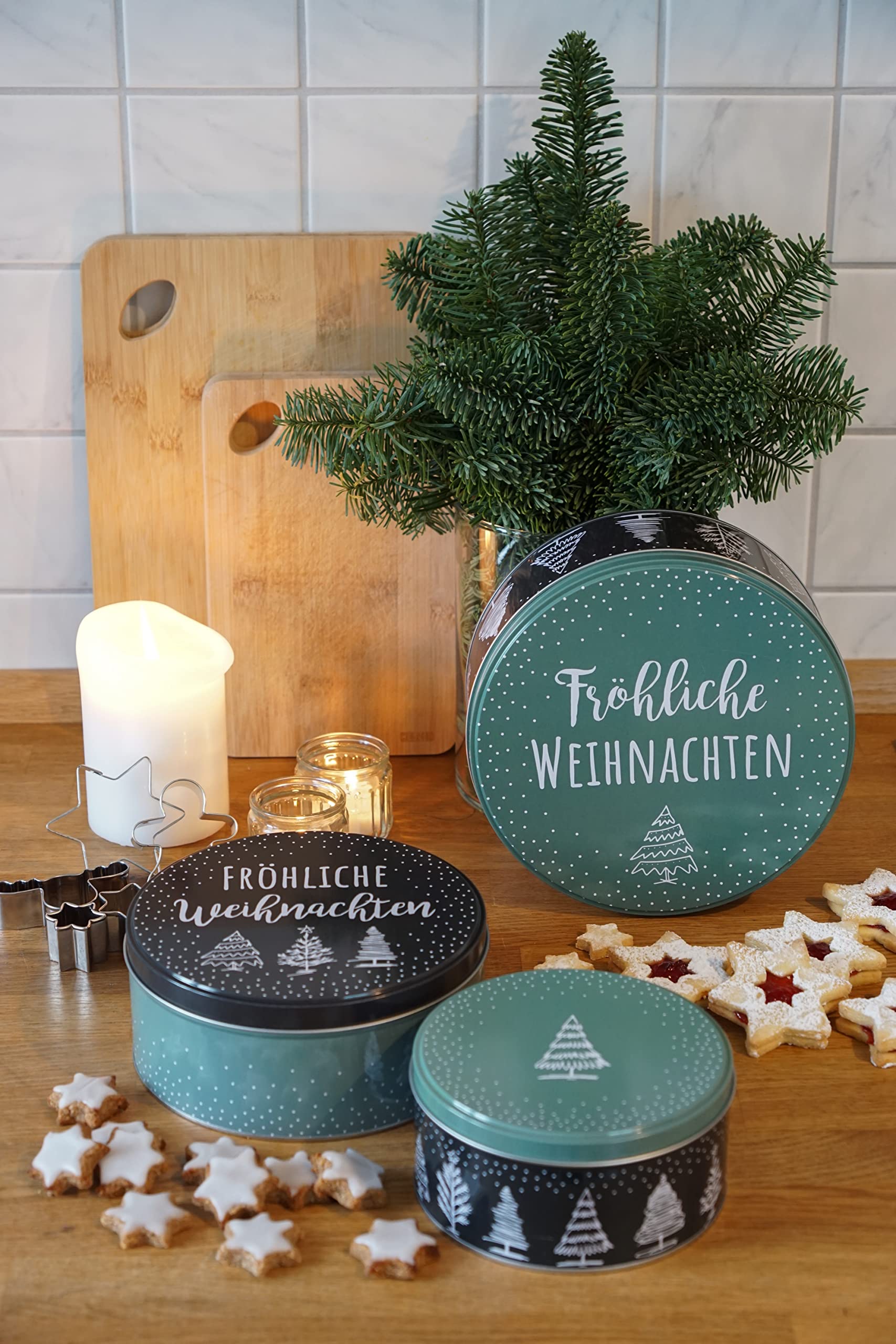 Geschenkset Keksdose Plätzchendose Metalldose 3er Set "Fröhliche Weihnachten" Weihnachten mit süßer Rentier Mini-Geschenktasche