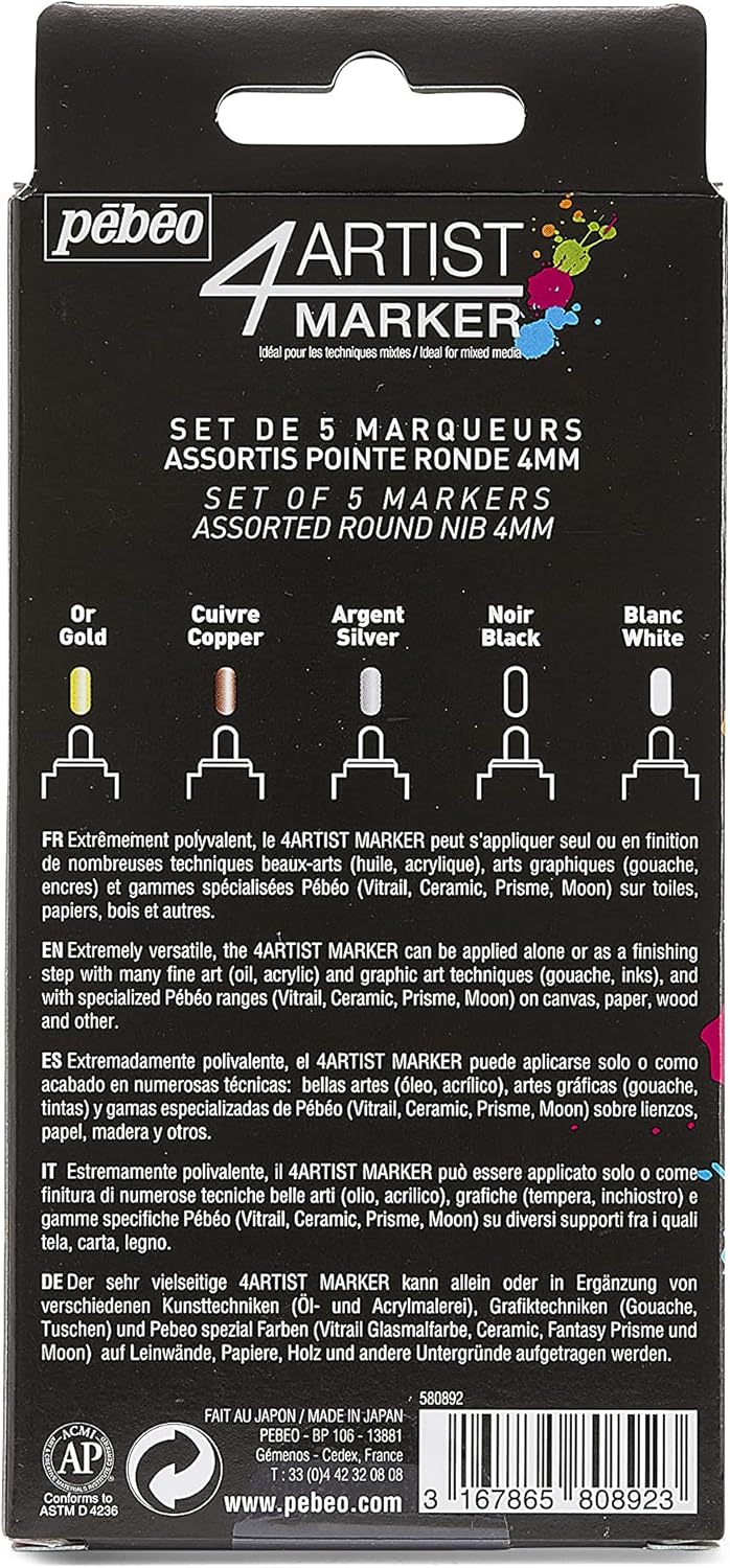 Pebeo 4Artist Marker, Oil Paint Markers, Metallic Set of 5 x 4 mm