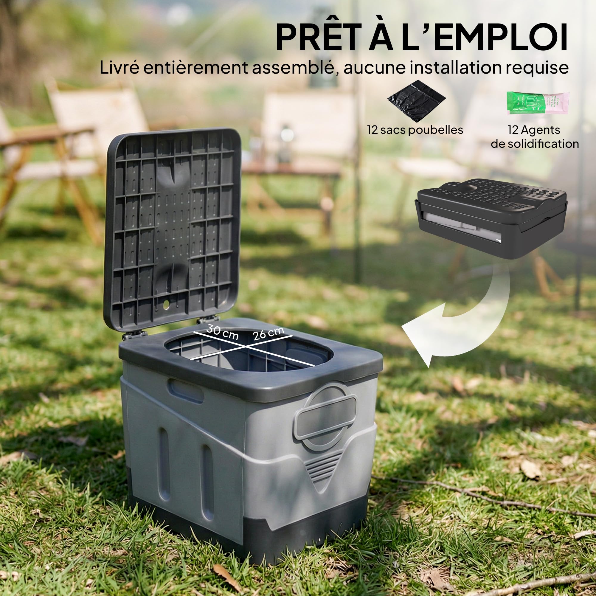 Outsunny Toilette Portable Camping Pliable Toilette de Camping pour Hommes et Femmes - Seau Hygiénique pour Voiture avec 12 Packs d'agent solidifiant et 12 Sacs, Gris foncé