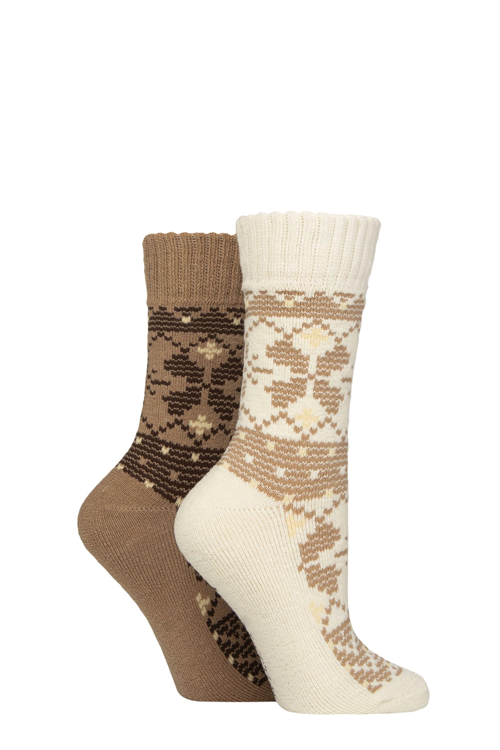 Sockshop Women's Snow / Brown Wildfeet Thermal Socks - Crew Length, Plain, Patterned, Striped, Warm, Cosy, Outdoor, 2 Pair Multipack Size 4-8 (Uk, Numeric, 4, 8, Regular, Regular, Snow/Brown)