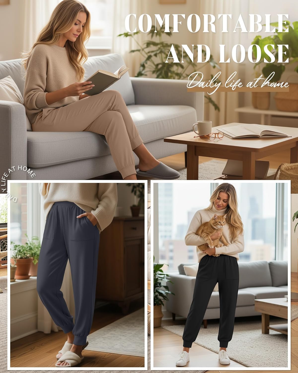 4 Pack Women's Yoga Joggers, Cozy Lounge Pants with Pockets Loose Casual Gym Athletic Sweatpants Comfy Cuffed Pants - Image 2