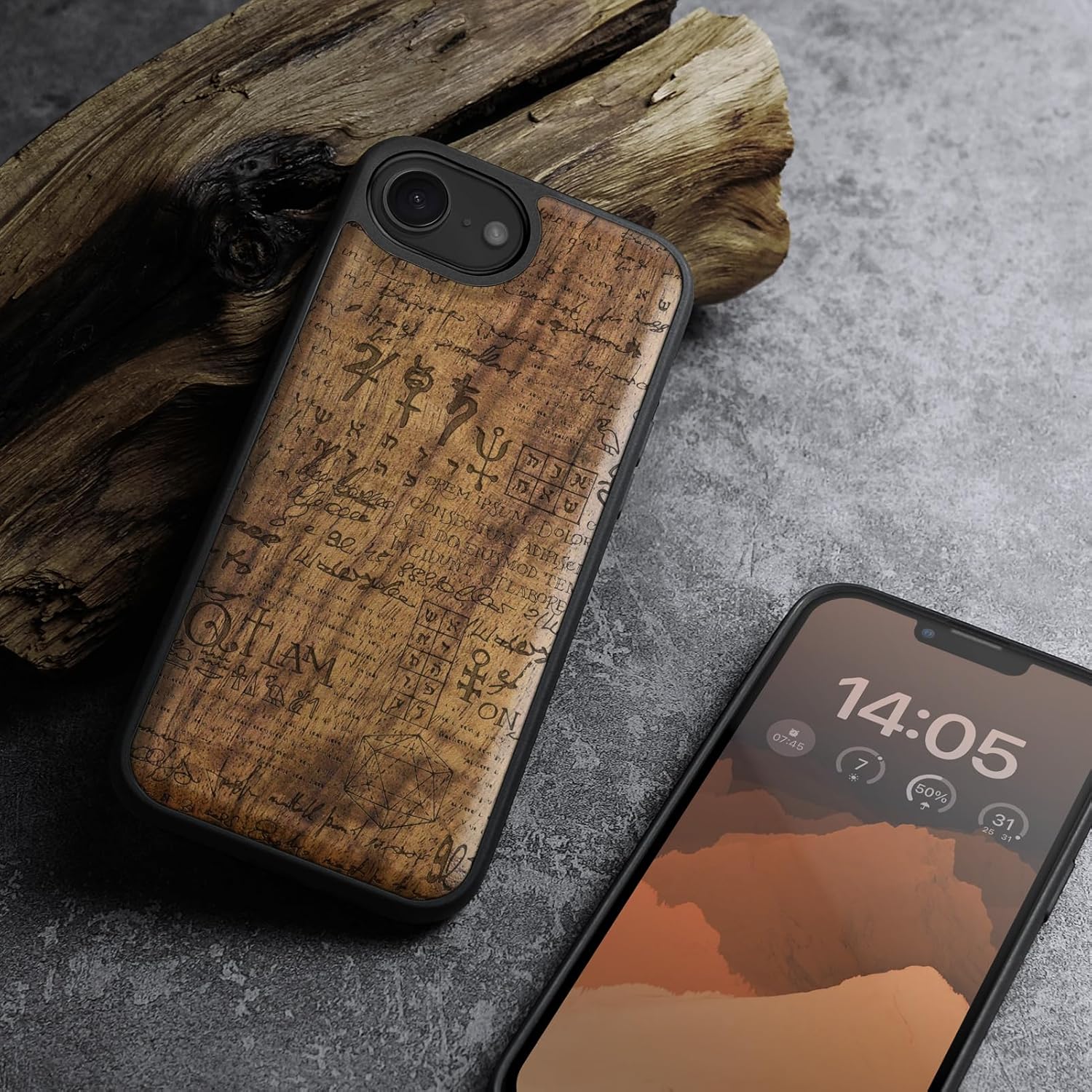 Carveit Magnetic Wooden Case for iPhone 16e / 17e, Solid Wood & Black TPU, Artisan Engraved Design, Shockproof Cover, Compatible with MagSafe Wireless Chargers, Magic Book - Walnut