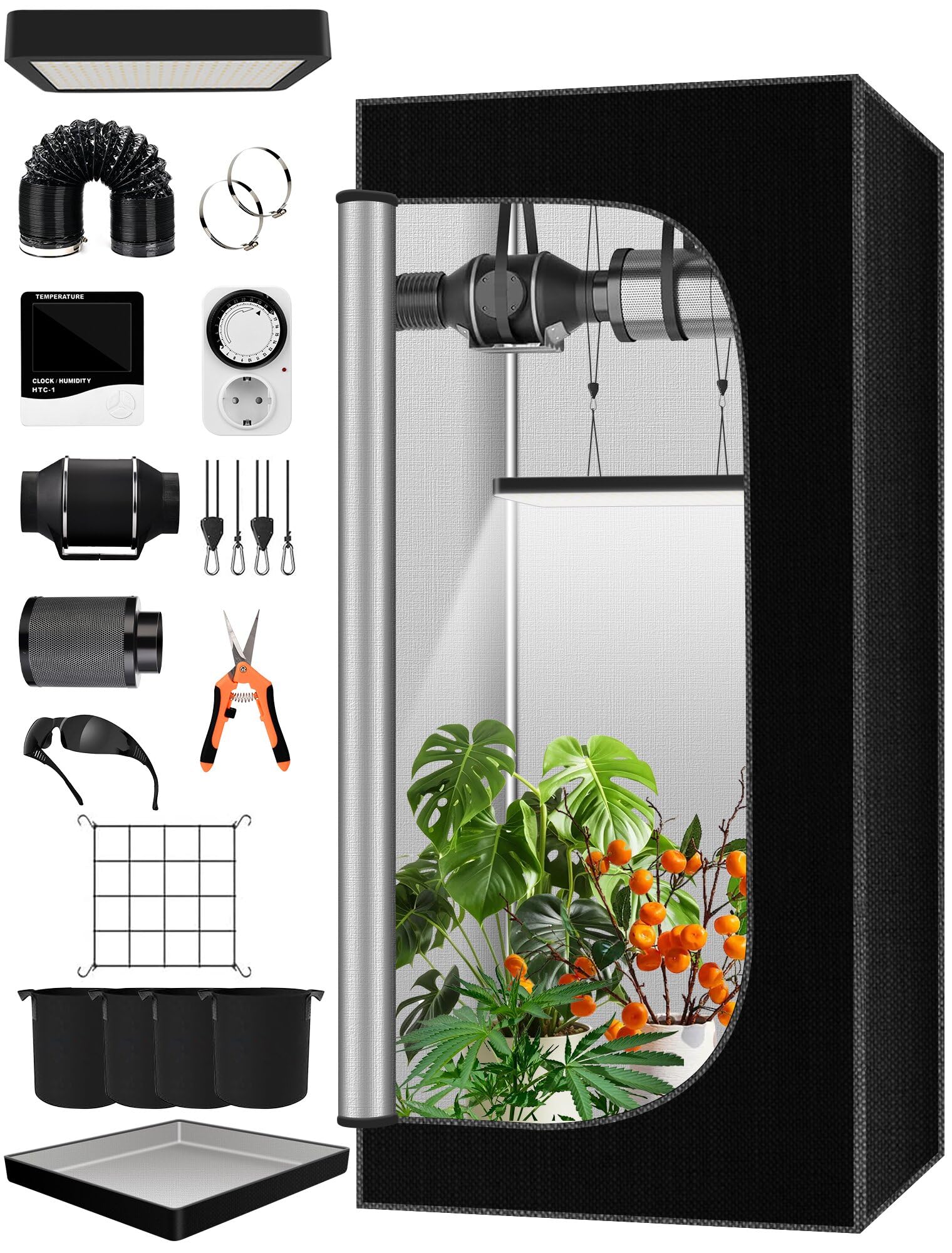 Kit Complet de Tente de Culture, boîte de Culture 70 * 70 * 160cm, système de Tente de Culture avec lumière de Croissance LED 100W, Ventilateur Automatique 4 Pouces et Filtre à Charbon, Grow Tent Set