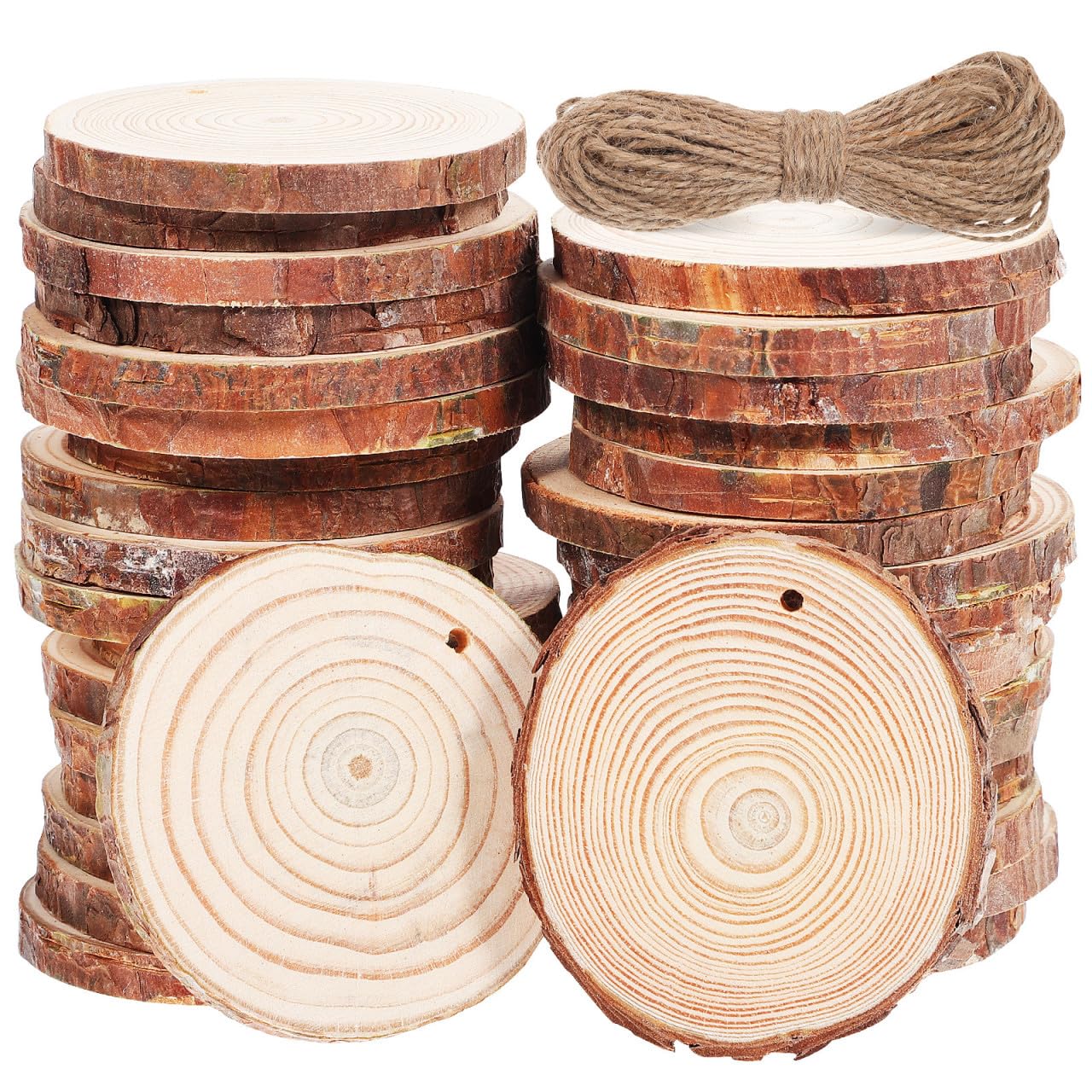 SHINEOFI 50 Stück Unfertige Runde Holzscheiben mit Gebohrten Aufhängelöchern und Juteschnur 7-8cm Rustikaler Stil für Weihnachts und Bastelprojekte