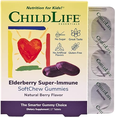 CHILDLIFE ESSENTIALS Gomitas SoftChew superinmunes de saúco para niños, apoyo inmunológico con vitamina C y vitamina D3, suplemento inmunológico de