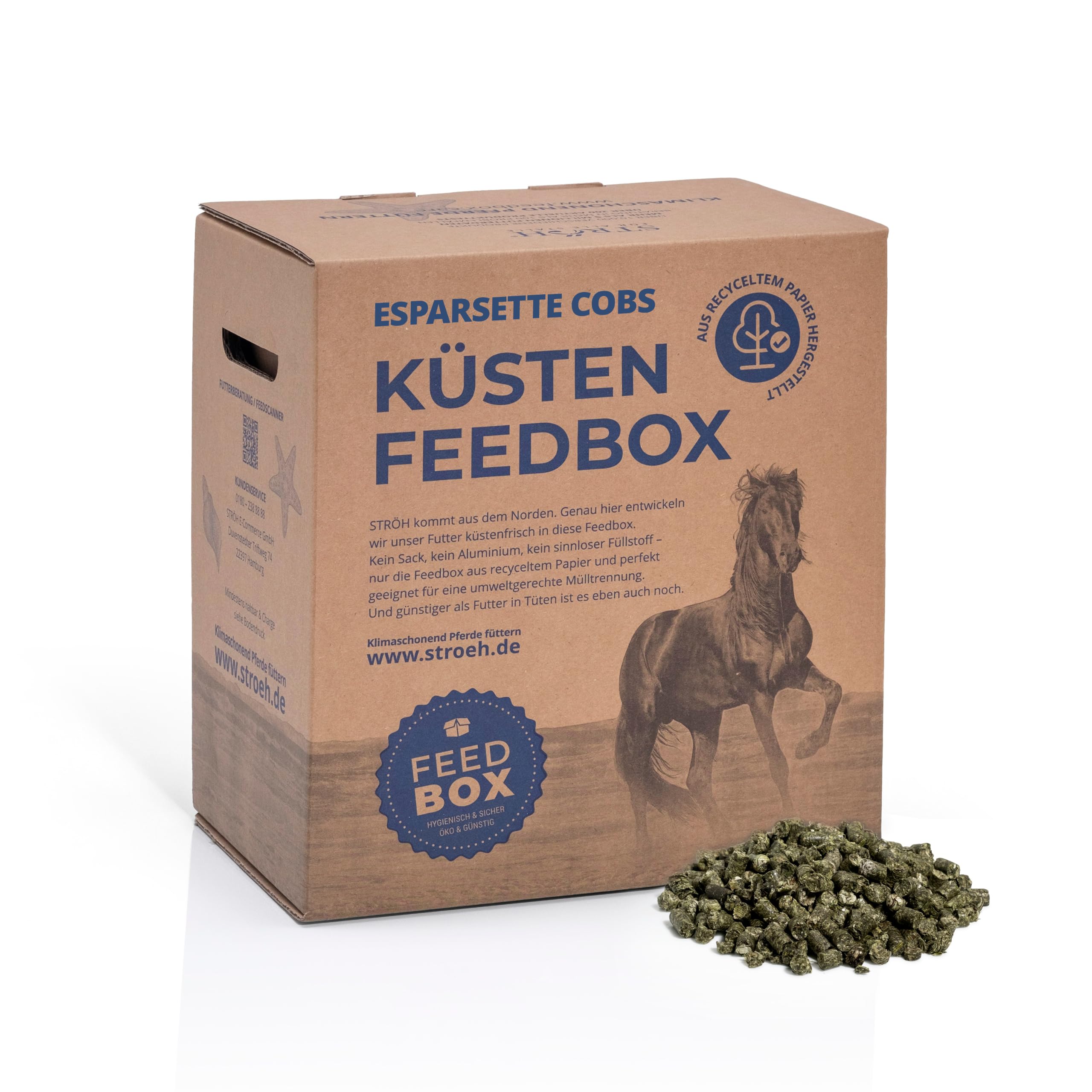 STRÖH Küsten Esparsette Cobs für Pferde - Rau-/Kraftfutter - 30kg Feedbox | Natürlicher Proteinlieferant - Heuersatz mit Aminosäuren, Calcium & Vitaminen - Ohne Stärke & Melasse - Magenfreundlich