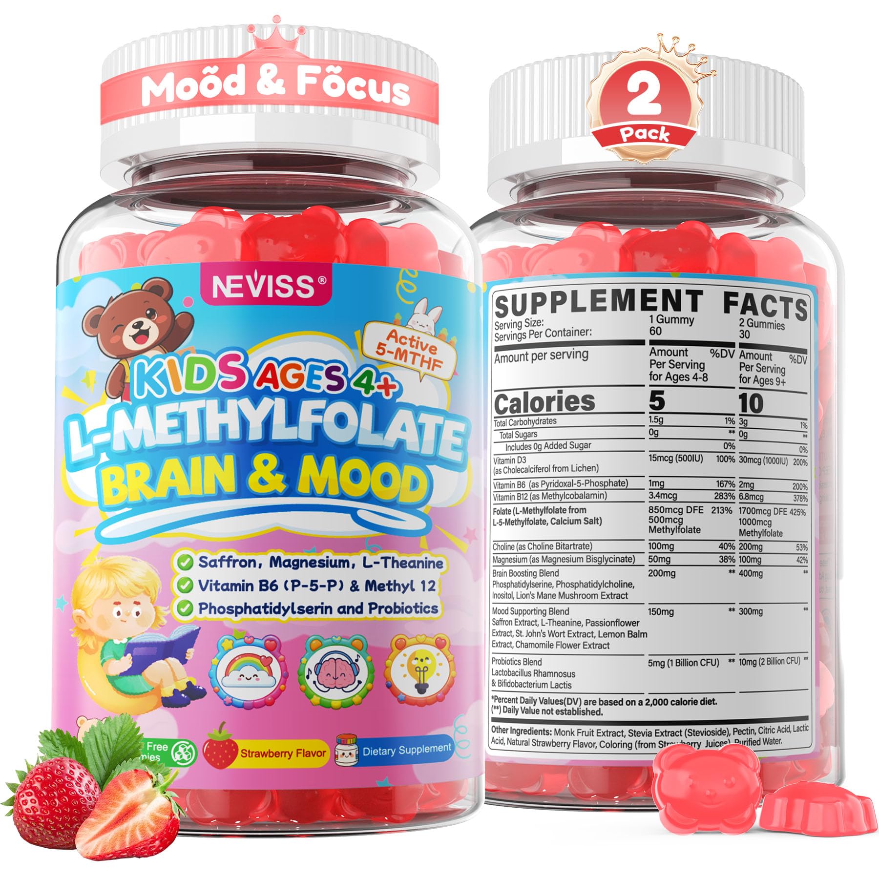 Kids L-Methylfolate Gummies, Focus Gummies For Kids + Magnesium, Saffron