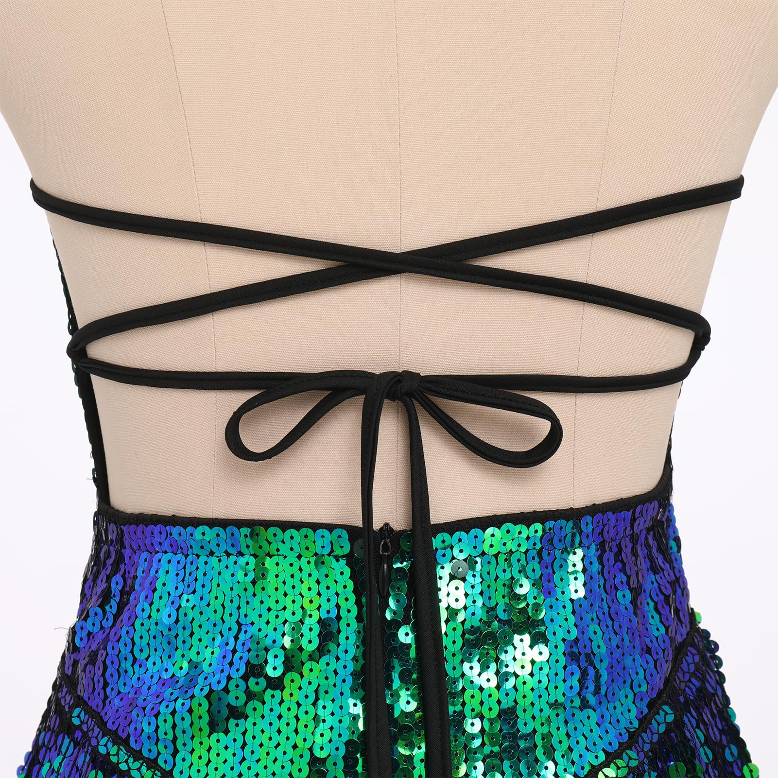 IMEKIS Lentejuelas Body Mujer Flecos Borla Body Halter Cuello Cuello V Música Festival Maillot Brillante Latino Jazz Tango Salón de Baile Disfraz Rave