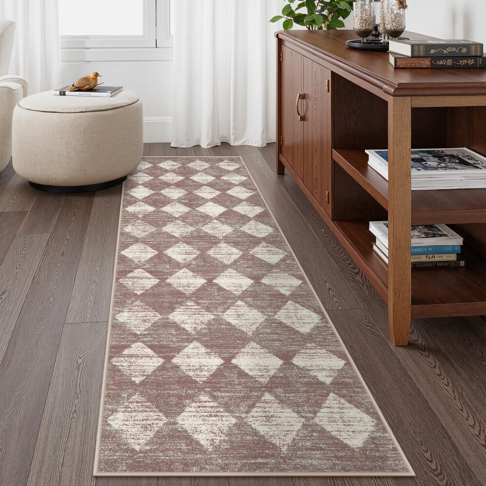Lahome Moroccan Treills Runner Rug - 2x6 Beige Washable Rug Runner Carpet Runners for Hallway 6ft Non Skid, Checkered Long Kitchen Bathroom Non Skid Runner Rug for Bedroom Hallway Entryway