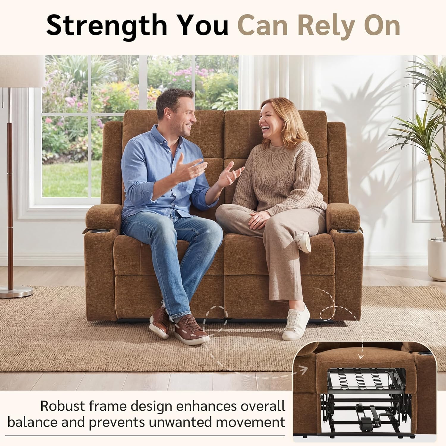 Manual Recliner Loveseat Sofa, Space-Saving Double Reclining Couch with Cup Holders & Storage Pockets, Compact 2-Seater Recliner for Living Room, Home Theater & RV (Brown)