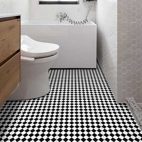 Miniatura 2 de Azulejos de suelo autoadhesivos en blanco y negro para cocina, dormitorio, sala de estar, baño, 11.8 x 11.8 pulgadas, 10 unidades