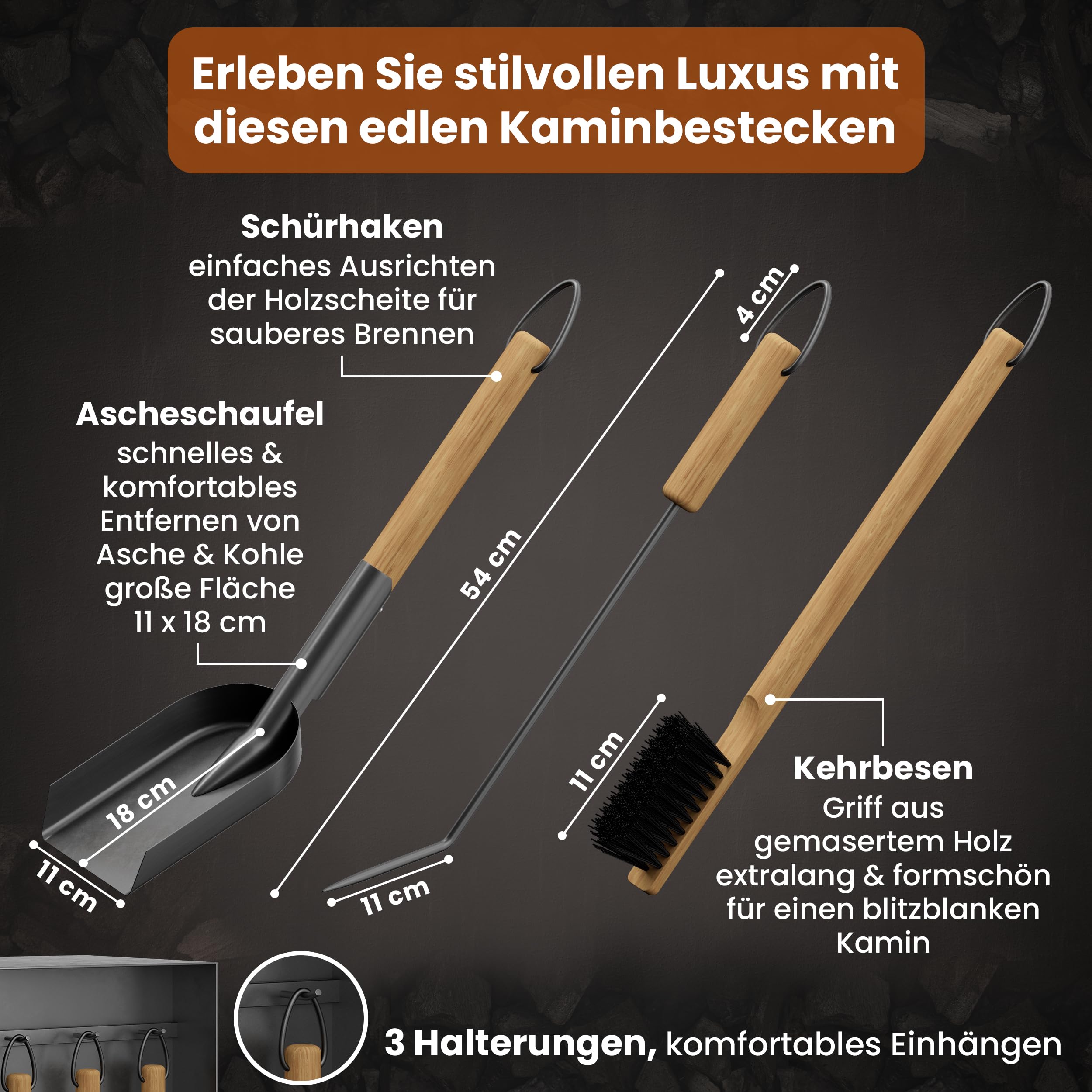 BLACK OAK Kaminbesteck ASPEN 4-teilig - praktisches & repräsentatives Ofenbesteck Set schwarz mit Holzgriff 4 teilig Ständer Schürhaken Ascheschaufel Kaminbesen Stahl Kaminzubehör Besteck für Ofen