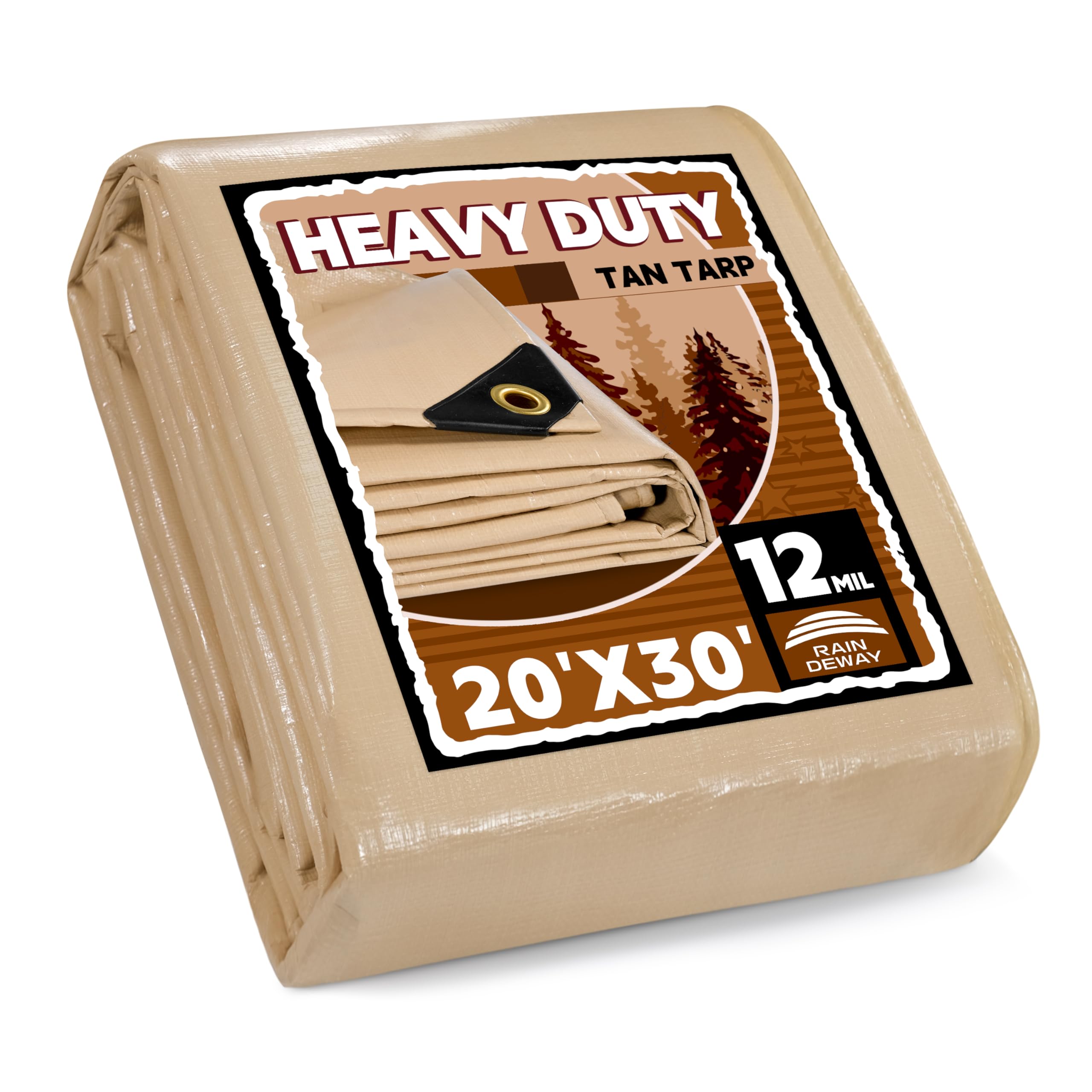 RAINDEWAY 20x30 Feet Heavy Duty Tarp,12 Mil Tan Waterproof Poly Tarp Cover,UV Resistant,Weatherproof,Durable,Multipurpose Tarps with Grommets and
