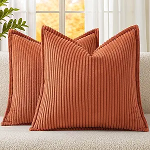 Mecatny Corduroy Fall Throw Pillow Covers 24x24 Set of 2, Neutral Decorative Soft Burnt Orange Boho Couch Pillow Covers with Broadside for Sofa Living Room, Rust