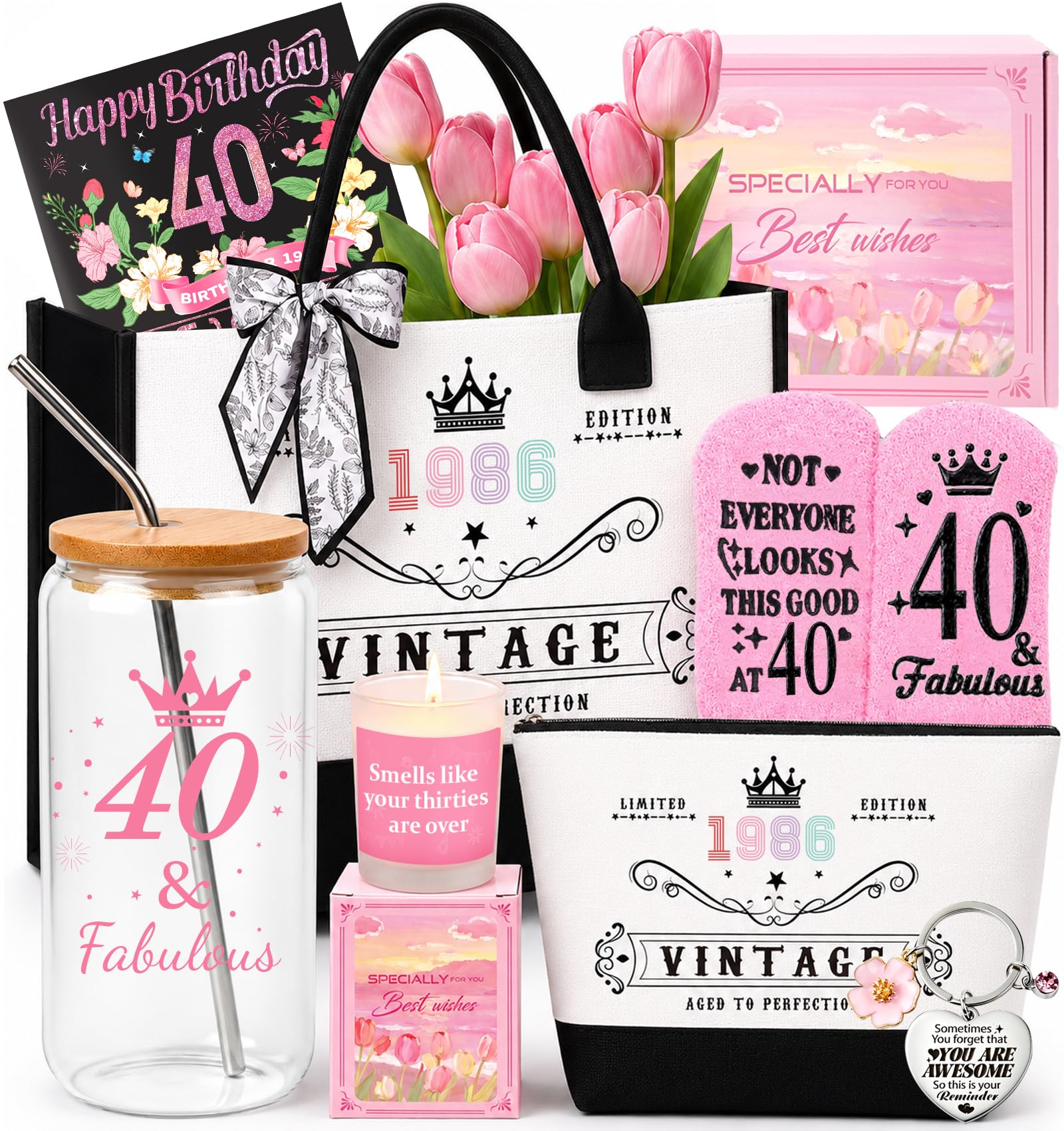40th Birthday Gifts for Women,Unique 40 Years Old Birthday Include Galss Tumbler with Straw Gifts for Wife Aunt Sister Friends Her,Fashion 1986 Handbag Cosmetic Bag Socks Candle Born in 1986 Card