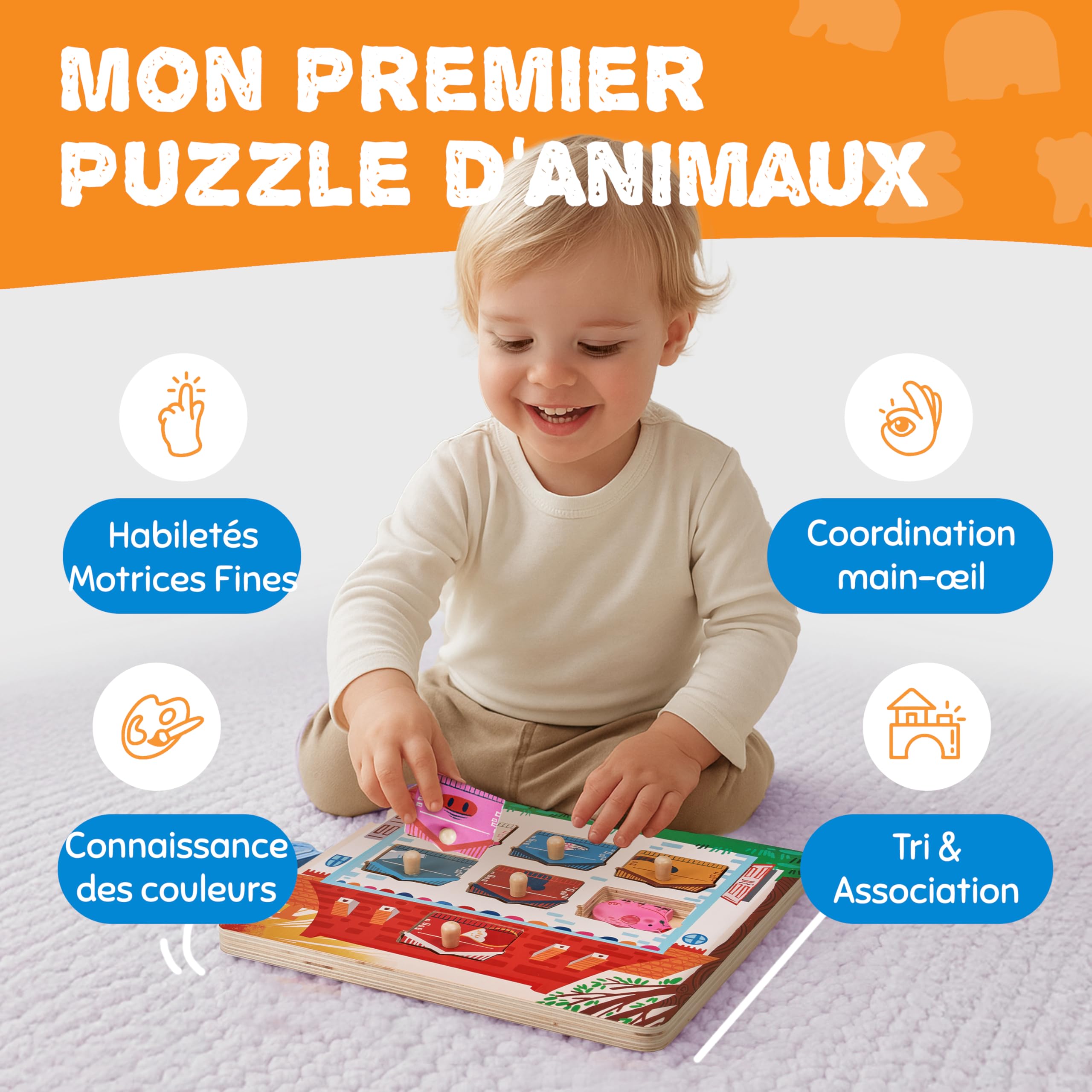 JoyCat Puzzle Bois Enfant 1 An Montessori Jouet Éducatif Animaux 7 Pièces Cadeau Anniversaire