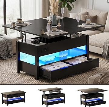 40" Lift Top Coffee Table, 4 in 1 Multi-Function Coffee Tables with Power Outlets & LED Lights, Modern Center Table Lifting Top Dining Table with Storage & 2 Drawers for Living Room, Black