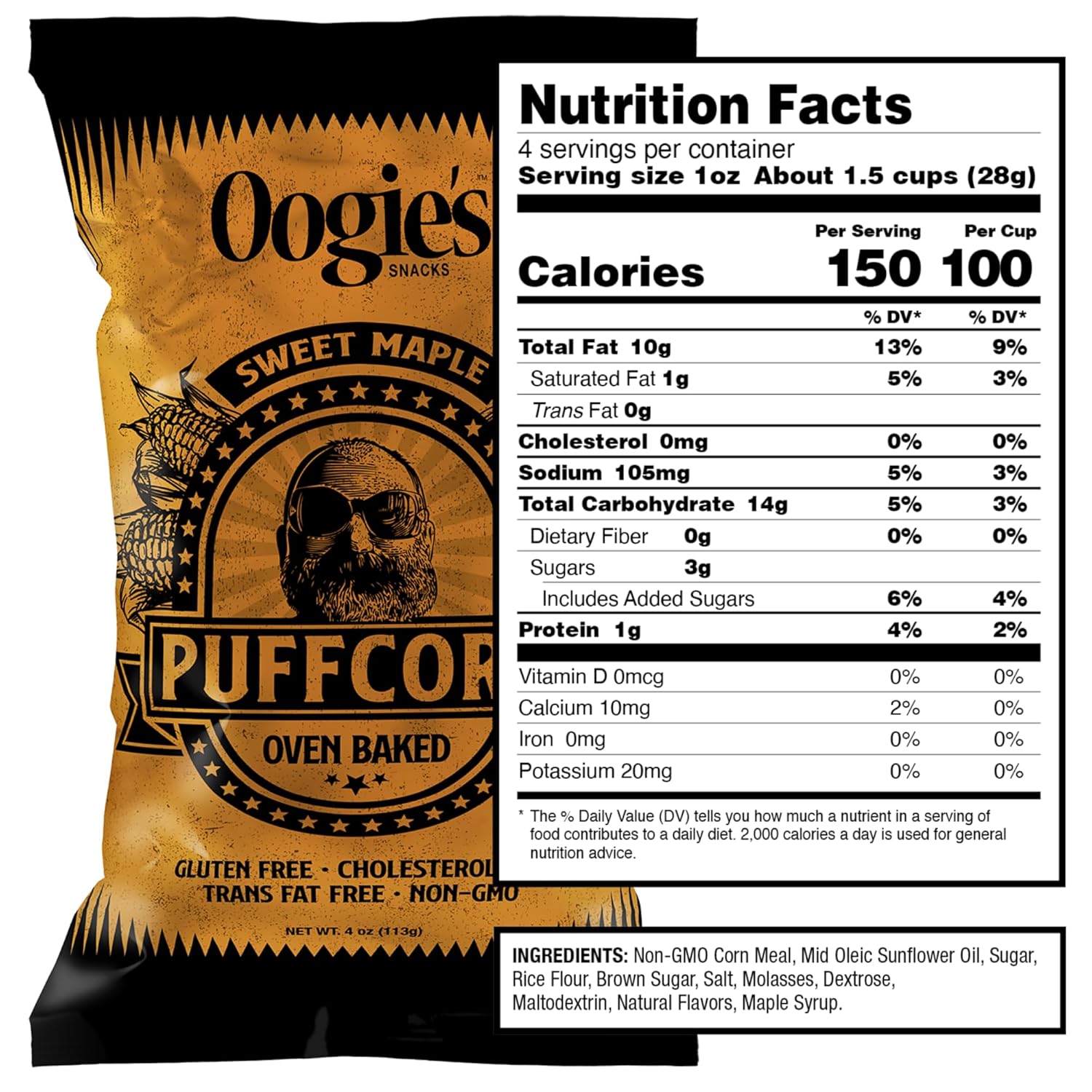 Oogie's Gourmet Puffcorn | 12 Pack | Sweet Maple Flavor | Gluten Free Puffcorn Snacks | 4 Ounce Big Bag