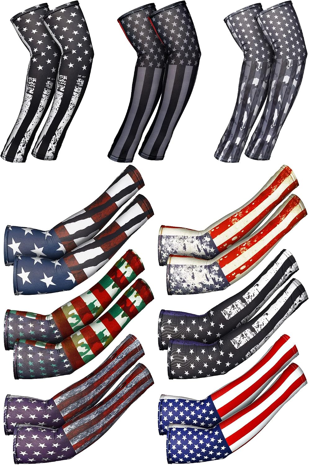 Geyoga 9 Pairs Arm Sleeves for Men Women Compression UV Sun Protection Arm Sleeves USA Flag 250th Anniversary Breathable Cooling Sleeve for Baseball Football Cycling Outdoor Sports