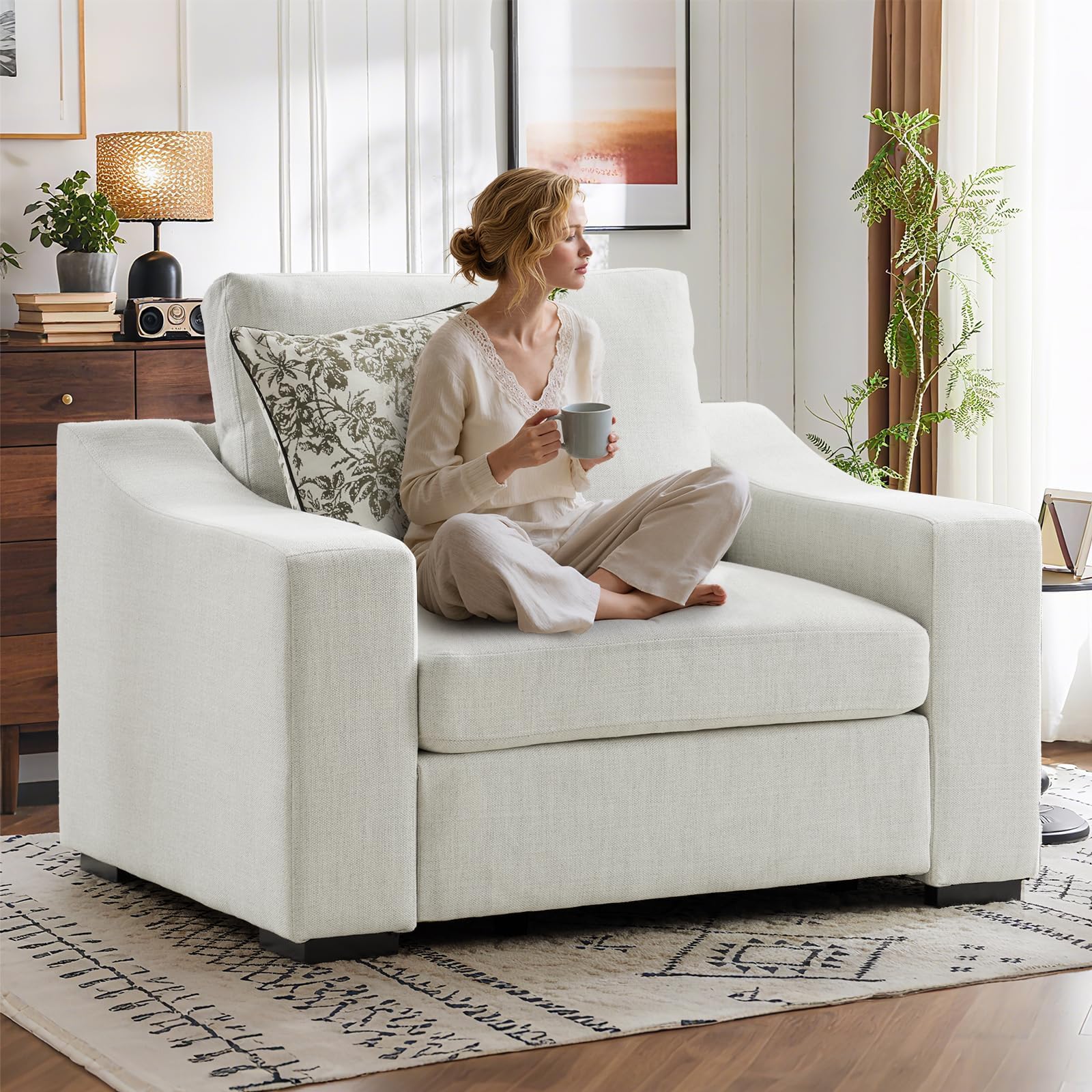 47" Oversized Accent Chair, Linen Fabric Modern Lounge Chair with Deep Seat, Washable Cover, Comfy Upholstered Large Sofa Armchair Reading Chair for Living Room, Bedroom, Office, Ivory