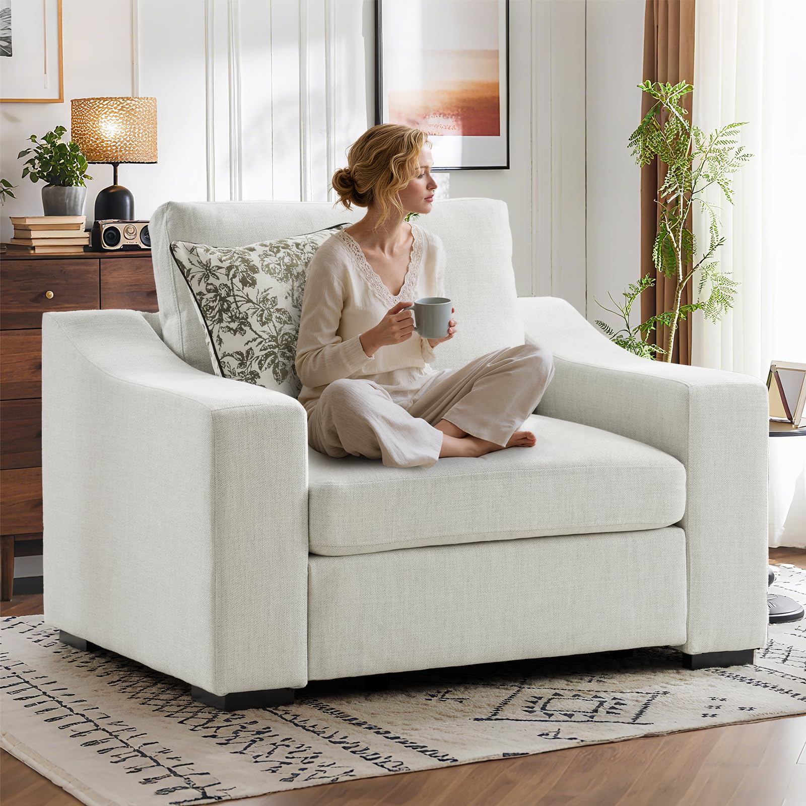ELUCHANG 47" Oversized Accent Chair, Linen Fabric Modern Lounge Chair with Deep Seat, Washable Cover, Comfy Upholstered Large Sofa Armchair Reading Chair for Living Room, Bedroom, Office, Ivory