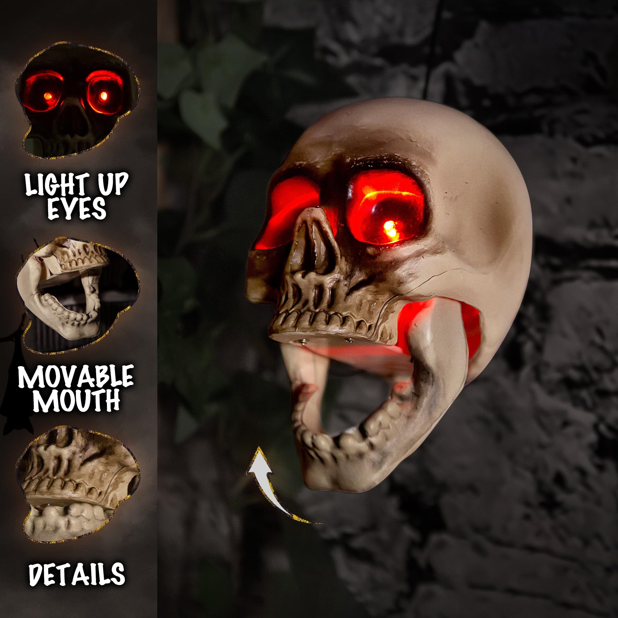 Halloween Animierter Totenkopf – Leuchtende Augen, Gruselige Geräusche, Beweglicher Mund, Mit Sensor, Für Outdoor-Deko
