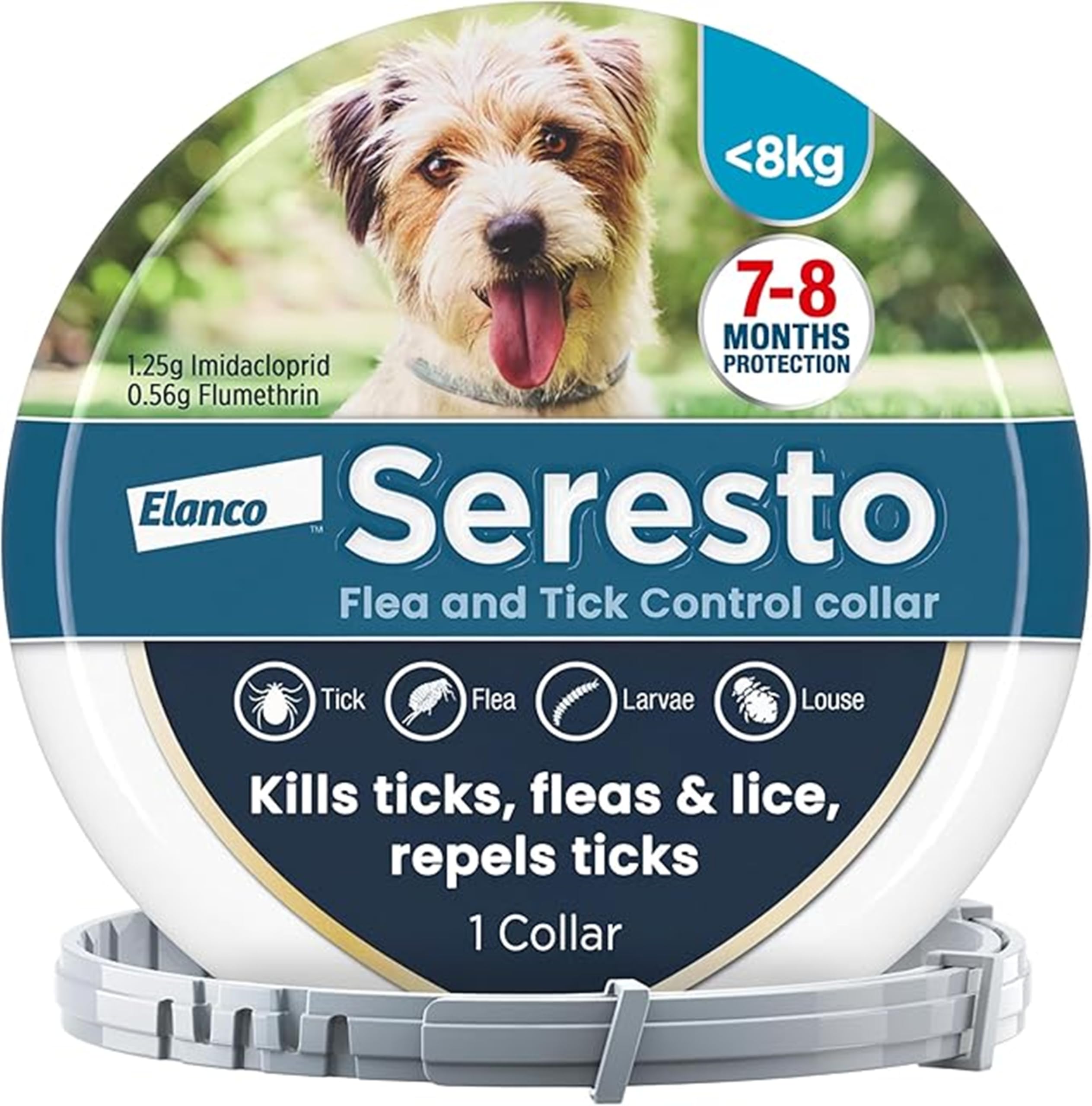 Seresto Flea and Tick Control Collar For Small Dogs Up To 8kg (1 Collar), Long-Lasting & Simple Treatment For Dogs, 7-8 Months Of Protection, Keeps Pets Protected From Fleas & Ticks