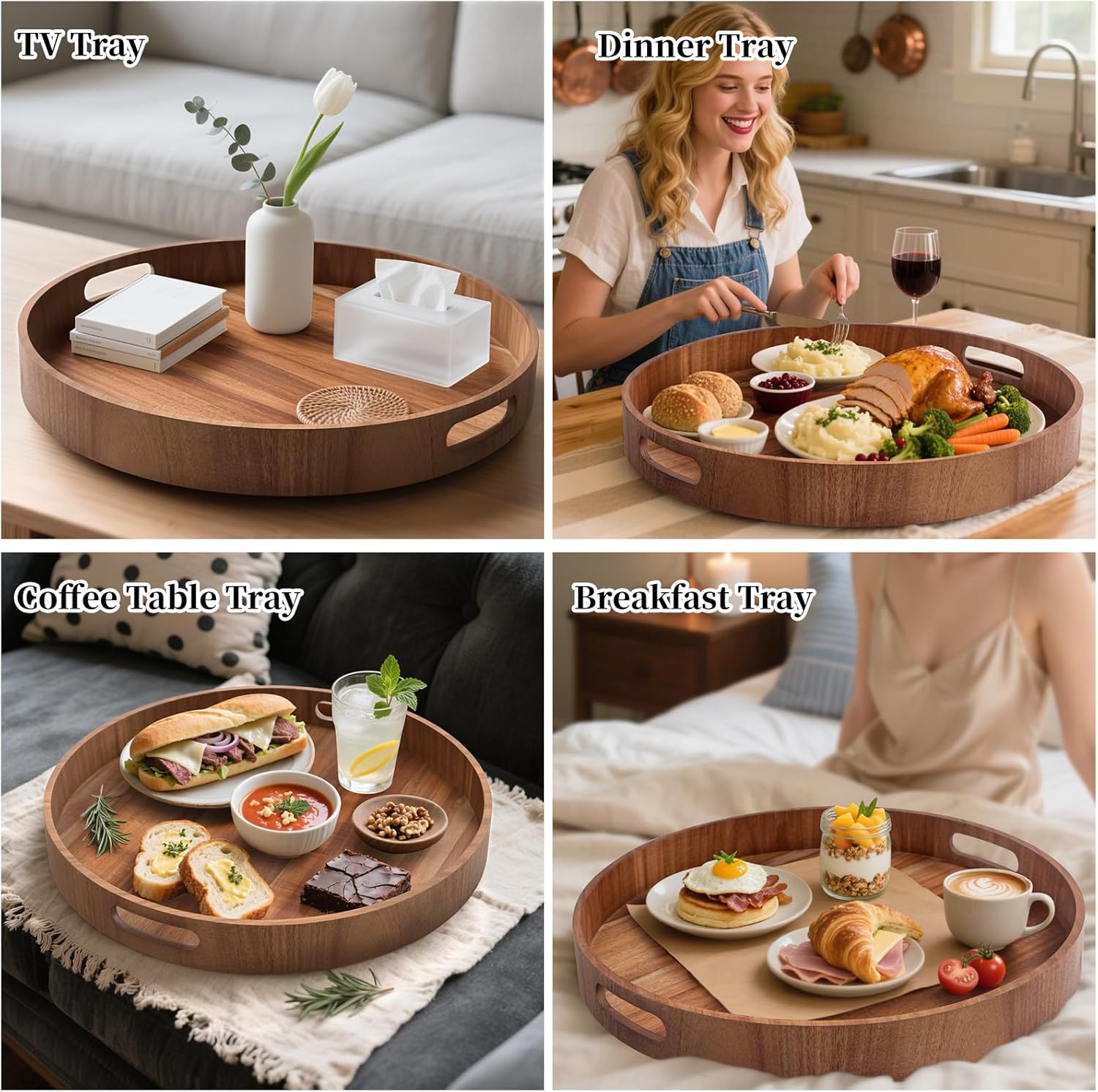 Ottoman Tray Round, 20" Large Ottoman Tray with Handles Wooden Ottoman Trays for Living Room, Decorative Tray, Wooden Serving Trays for Food Serving, Breakfast, Coffee, Appetizers - Image 5