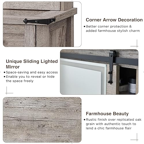 Miniatura 5 de T4TREAM Escritorio de maquillaje de granja con espejo deslizante y luces, tocador de mesa de vidrio de 31.2 pulgadas con cajones y estantes, juego