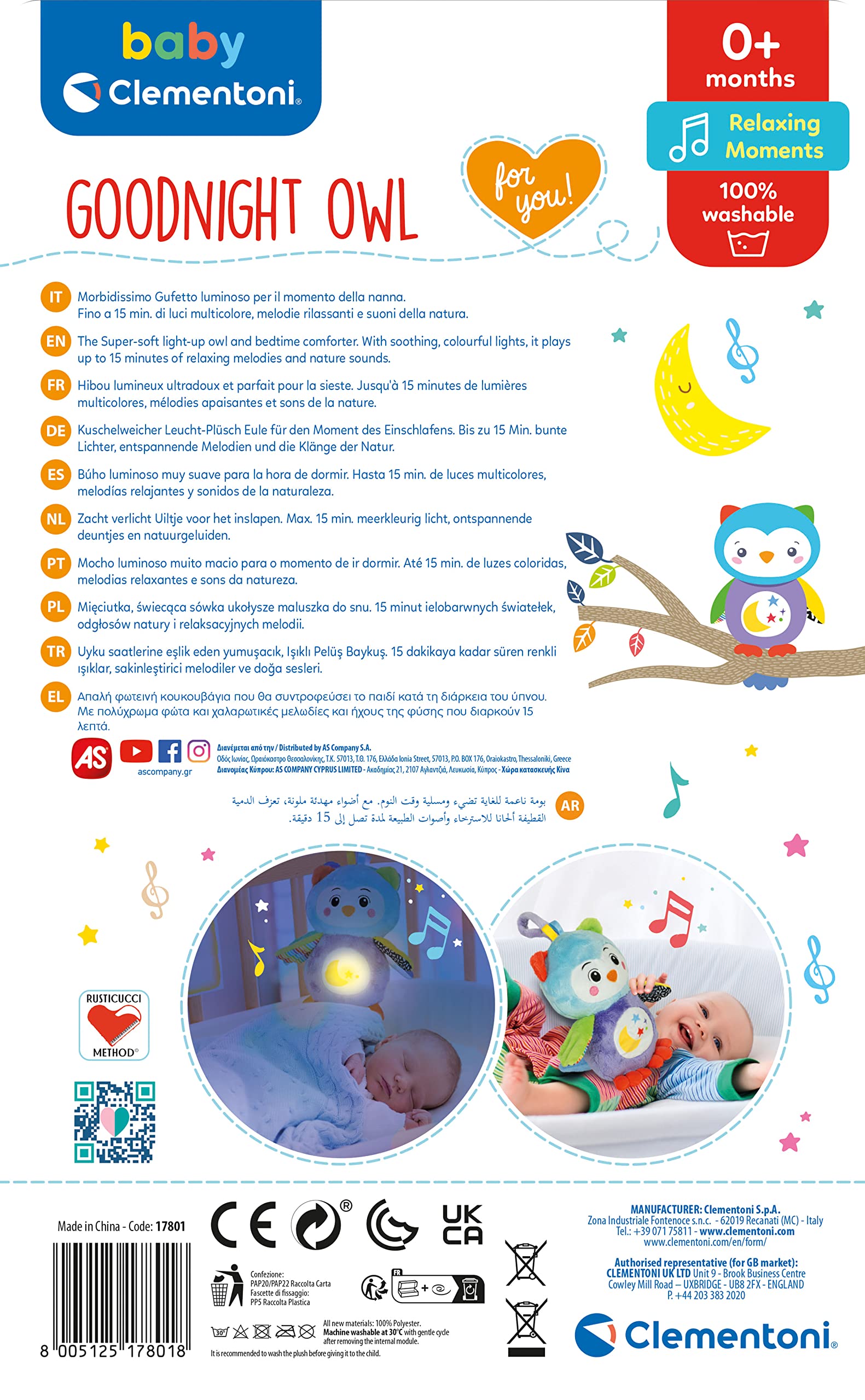 Clementoni for You, Peluche Gufo, Luci e Melodie, Gioco Primi Mesi, Multicolore, 17268 : Clementoni