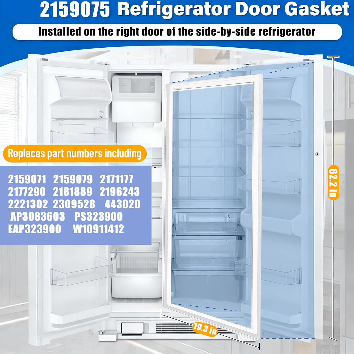 Upgraded 62″×19″ 2159075 2159083 Refrigerator Door Gasket Replacement Compatible with Whirlpool KitchenAid Kenmore, 2159083 Fridge Gasket Replace 2159071 2159079 2171177 W10911422 Freezer Seal