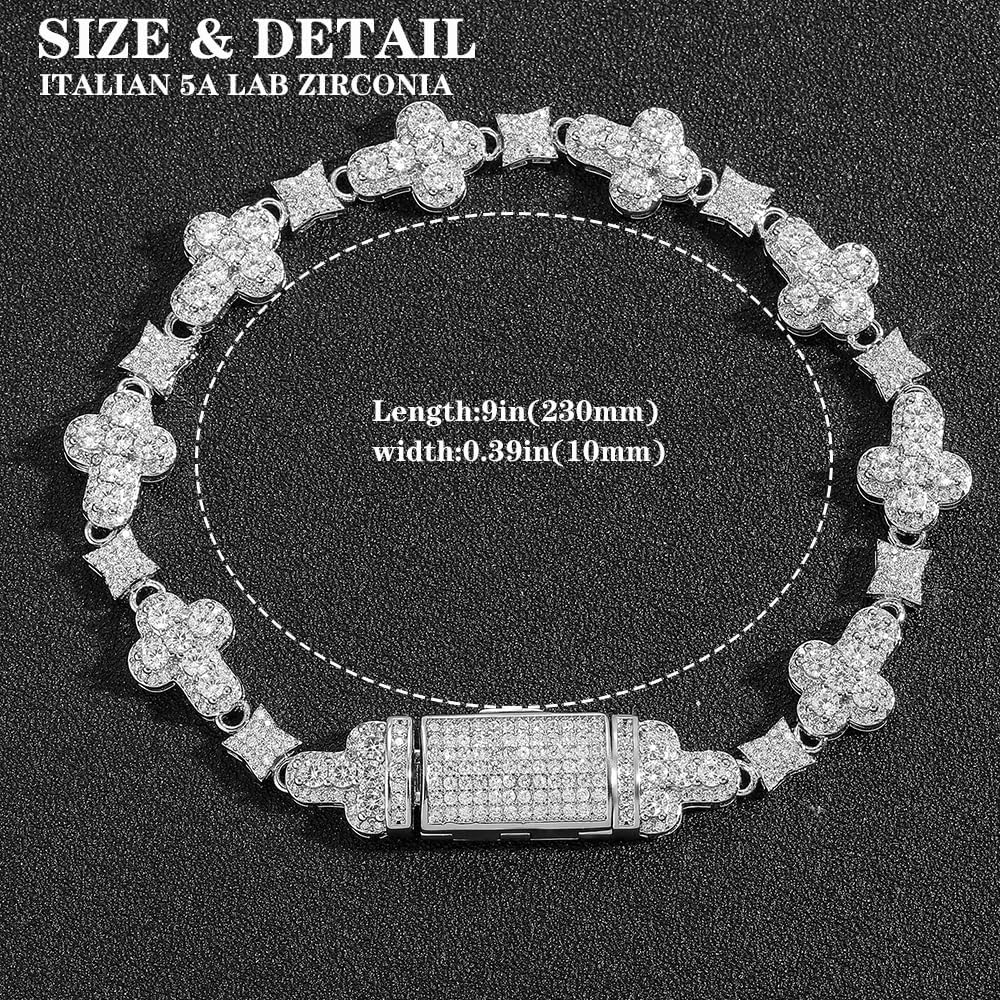 10mm Cross Flower Iced Out Bracelet, Gold Silver CZ Hip Hop Jewelry