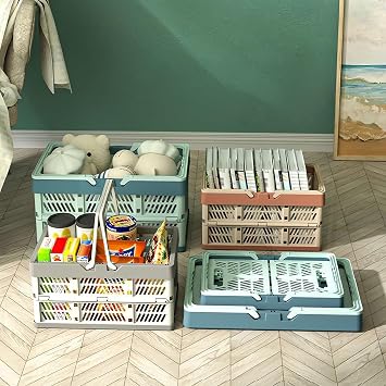 Collapsible Crate Milk Crates for Storage Plastic shopping basket 20L for Kitchen Bathroom (Bule)