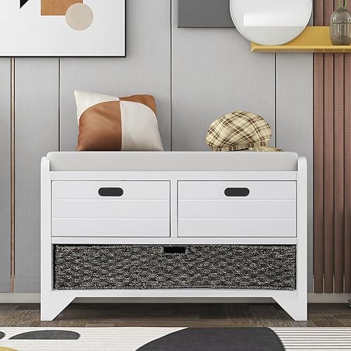 Miniatura 24 de SOFTSEA Banco de almacenamiento con 3 puertas en forma de persiana, banco de zapatos de entrada con cojín extraíble y almacenamiento oculto, otomana