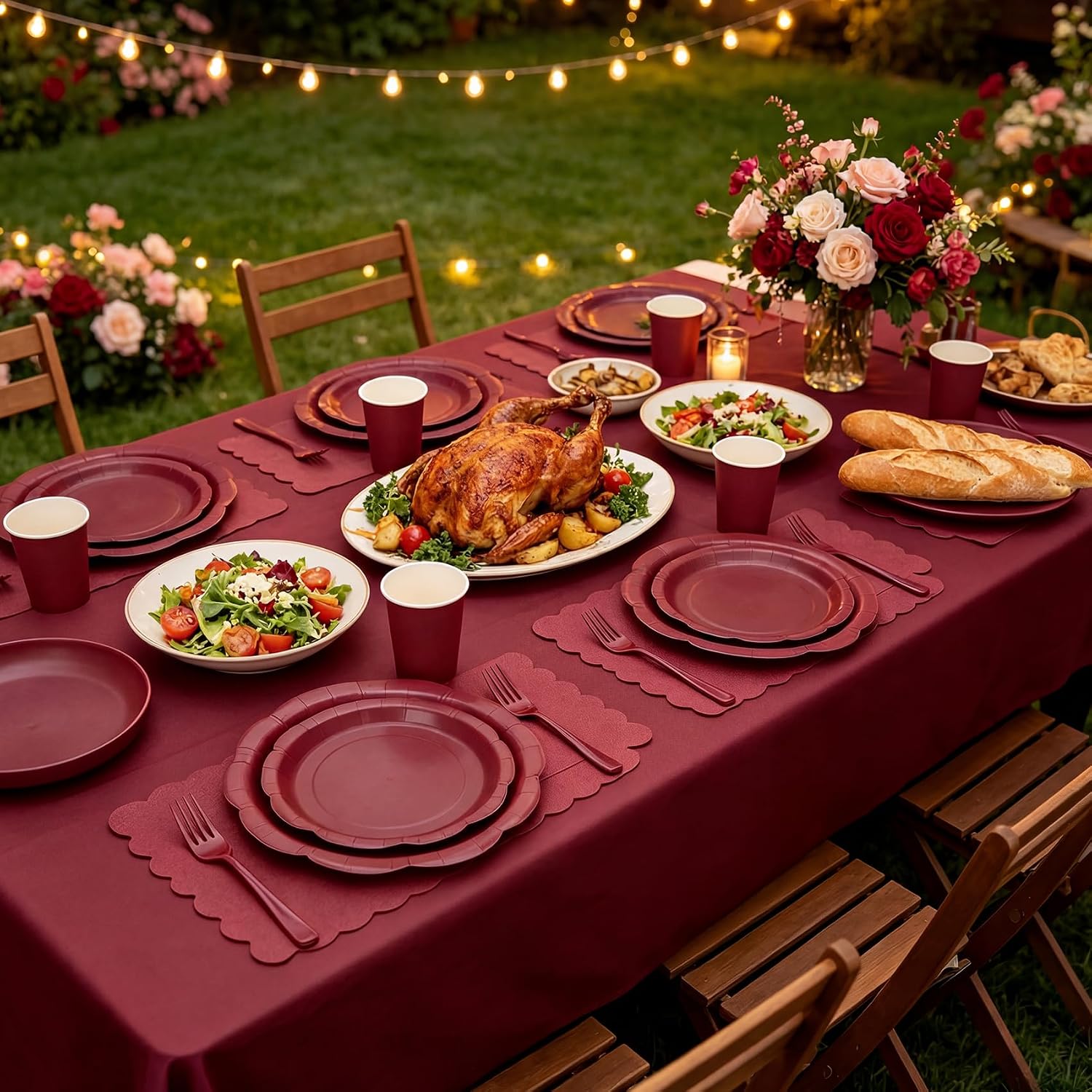 Burgundy Plates and Napkins for 24 Guests, 9’’ Disposable Scalloped Paper Plates and 7’’ Maroon Dessert Cake Plates Tableware Set Party Supplies for Birthday Party Decorations, Mothers Day, Wedding