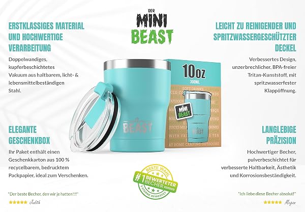 Beast Thermobecher 300 ml (10 oz) - Aquamarinblau I Mehrweg Thermo Kaffeebecher To Go I Doppelwandiger Trinkbecher aus Edelstahl I Perfekt für Kaffee oder Eiskaffee - 5