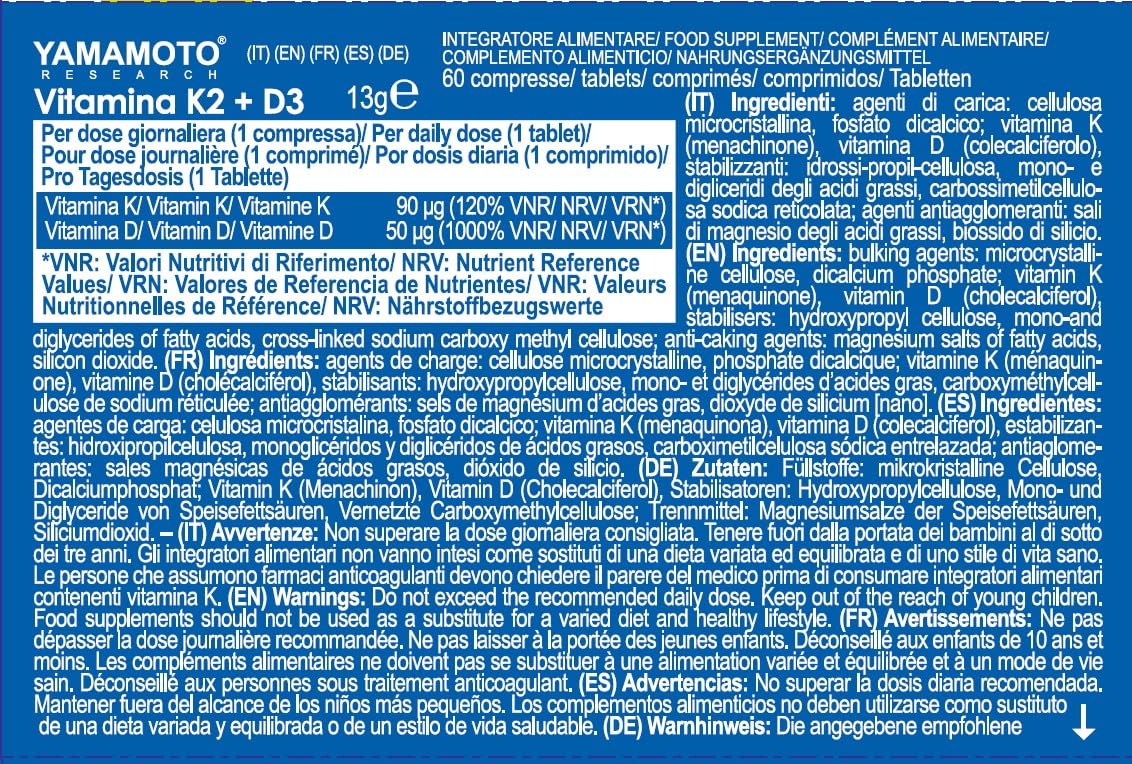 YAMAMOTO RESEARCH Vitamina K2 e D3 60 Compresse, Integratore Alimentare a base di Vitamina K2 e Vitamina D3 ad Alto Dosaggio, Supporta la Salute di Ossa e Denti