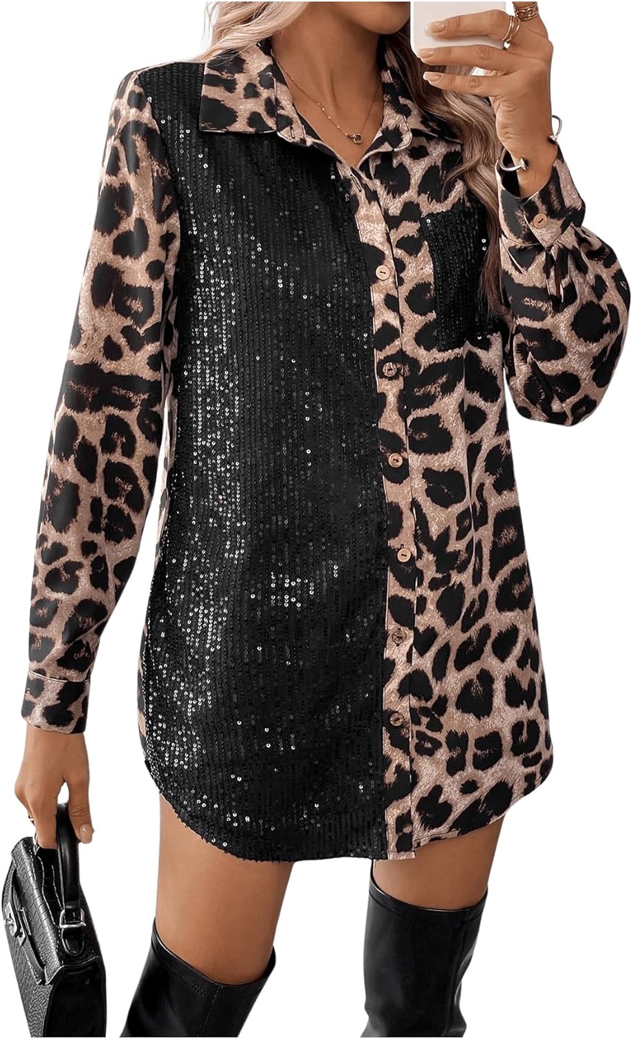 SOLY HUX Women's Leopard Print Sequin Shirt Button Down Long Sleeve Collared Y2k Blouse Tops - Image 5