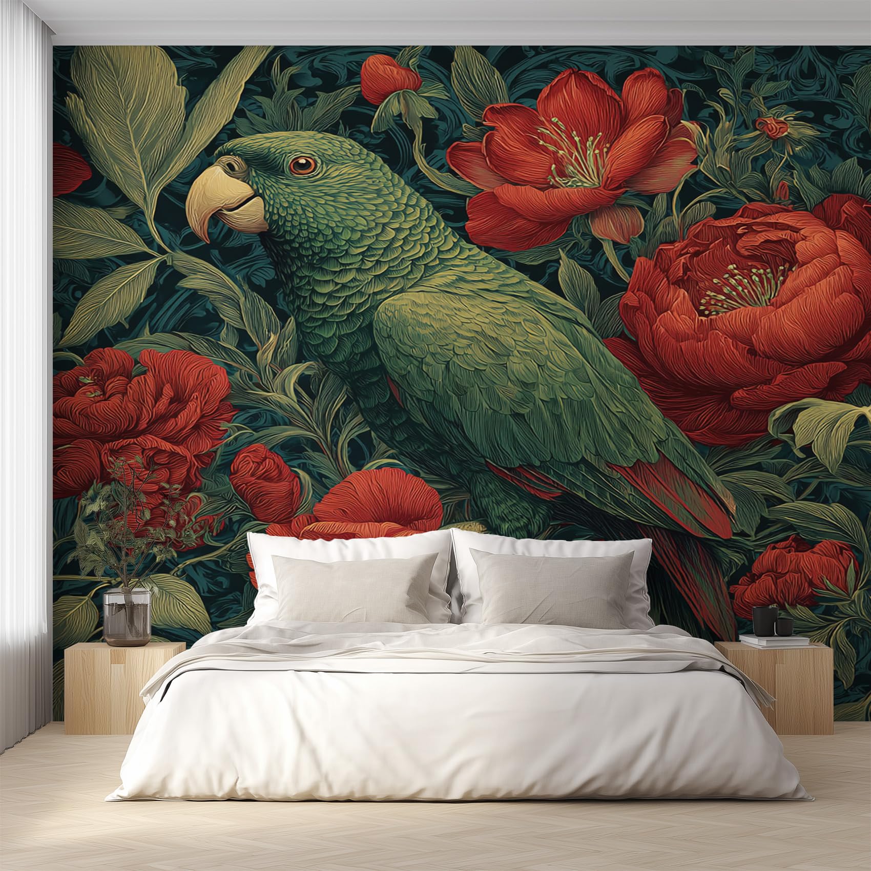 Papier peint perroquet panoramique pour masquer un mur abîmé