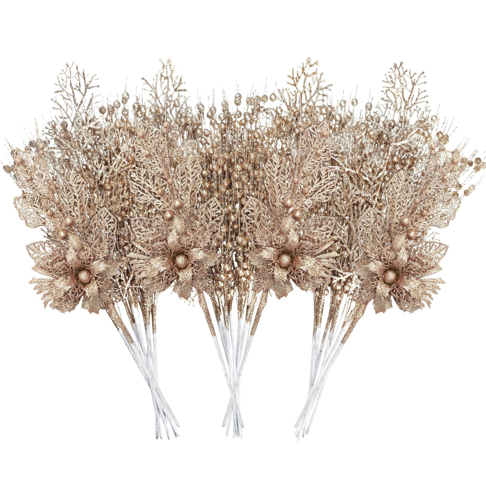 18 Rami Di Bacche Glitterate Per Decorazioni Natalizie - Lunghezza 43 Cm - Colori: Rosa, Bianco, Oro, Rosso, Blu, Champagne, Nero - Per Albero E Ghirlande
